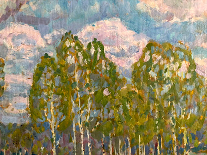 Vibrant impressionist oil painting of birch trees by Kolosovsky Georgy Sergeevich