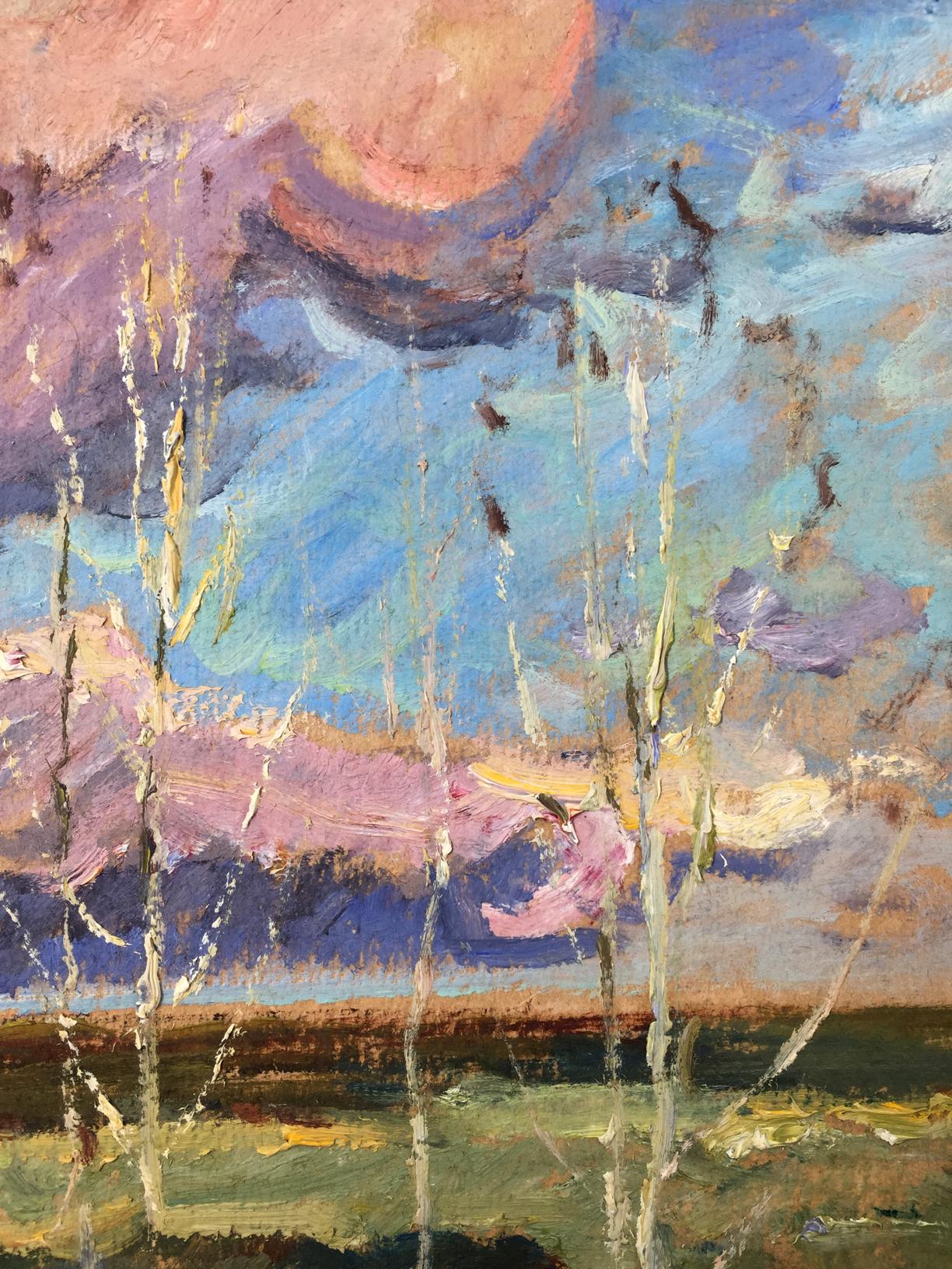 Vibrant impressionist oil painting by Sevastyanov Viktor Grigoryevich with birch trees
