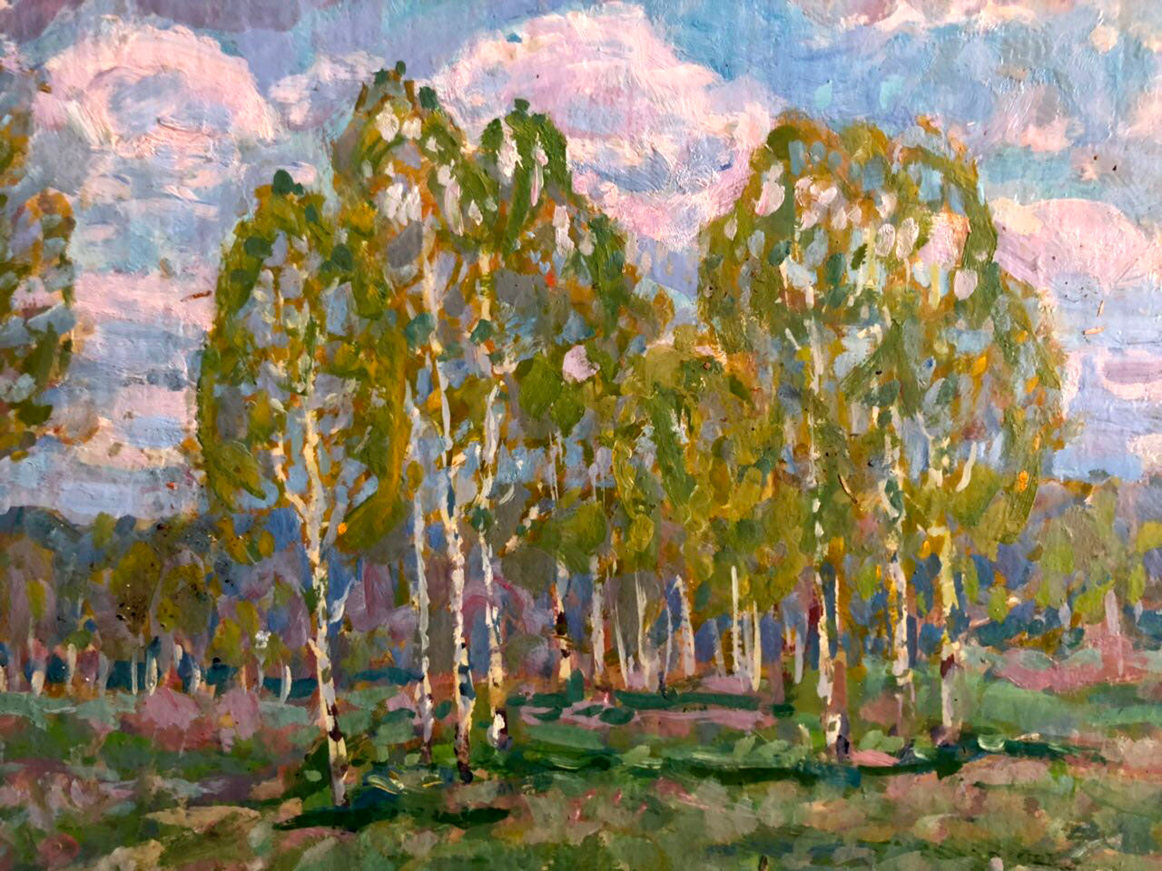 Vibrant impressionist oil painting of birch grove by Kolosovsky Georgy Sergeevich