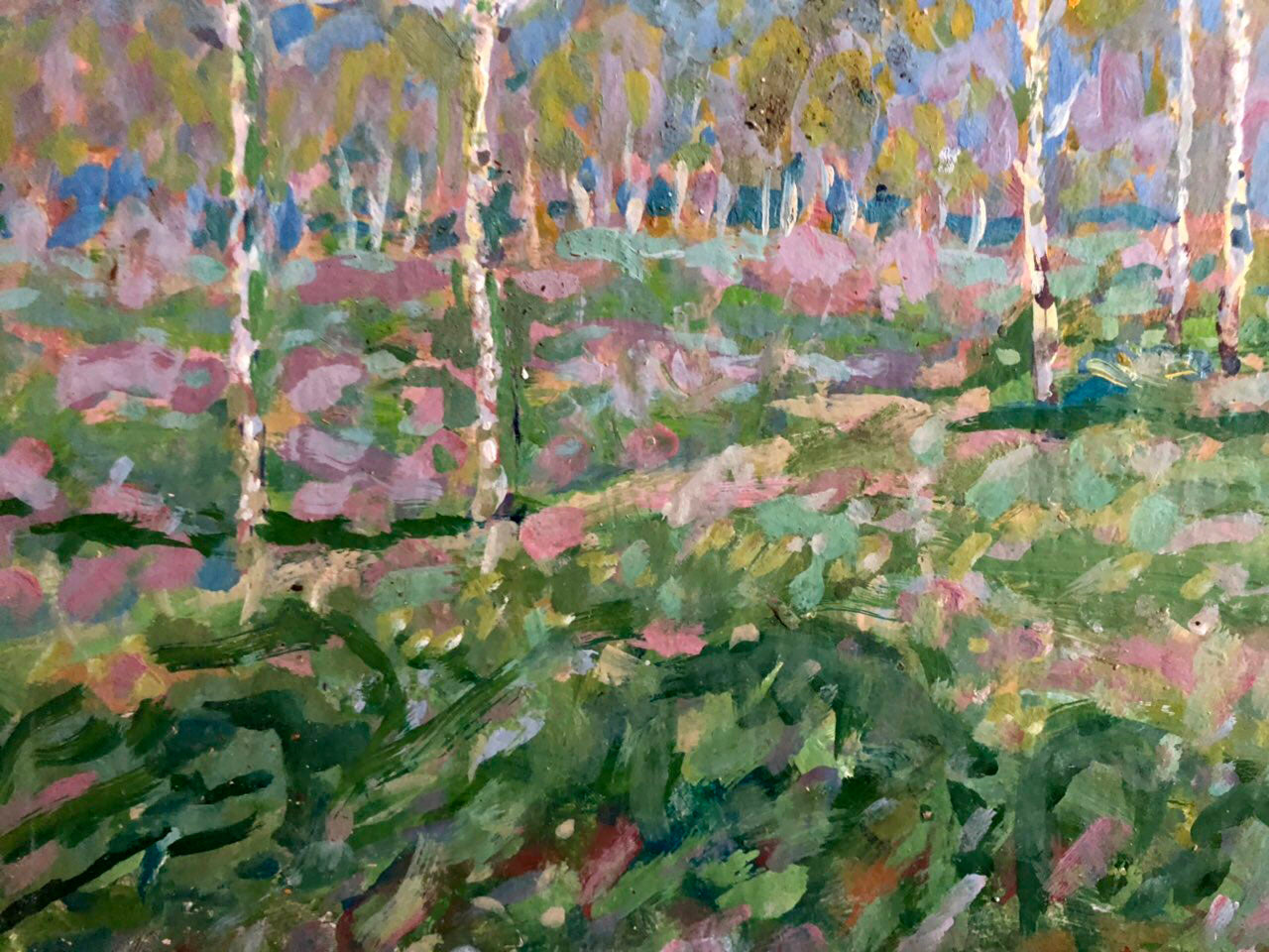 Vibrant impressionist oil painting of birch forest by Kolosovsky Georgy Sergeevich