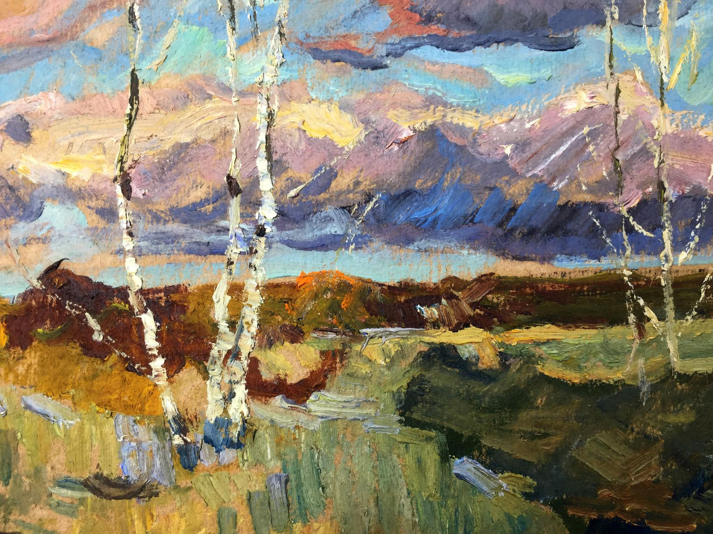 Oil painting Meadows by Sevastyanov Viktor Grigoryevich, birch trees landscape