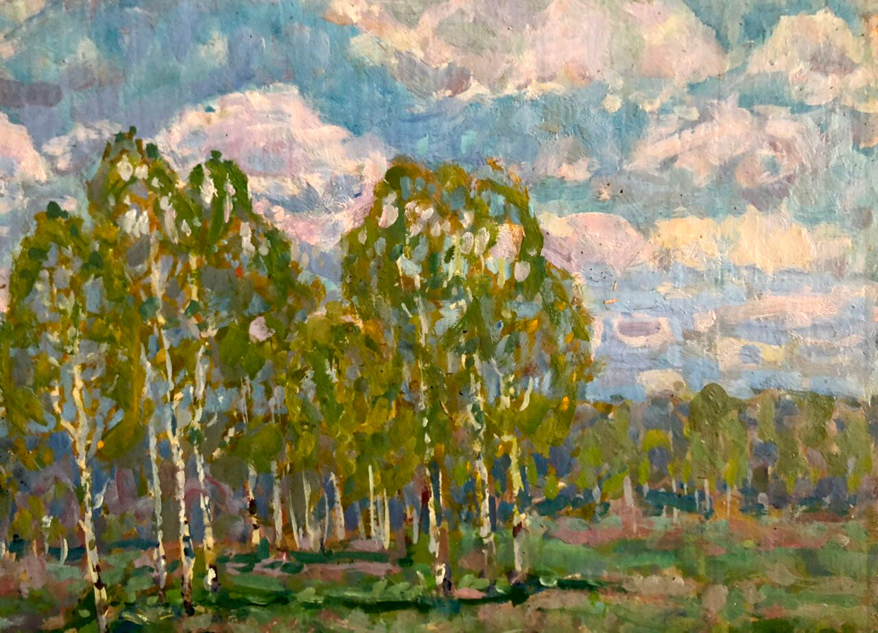 Vibrant impressionist oil painting of birch trees by Kolosovsky Georgy Sergeevich
