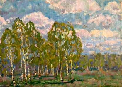 Vibrant impressionist oil painting of birch trees by Kolosovsky Georgy Sergeevich