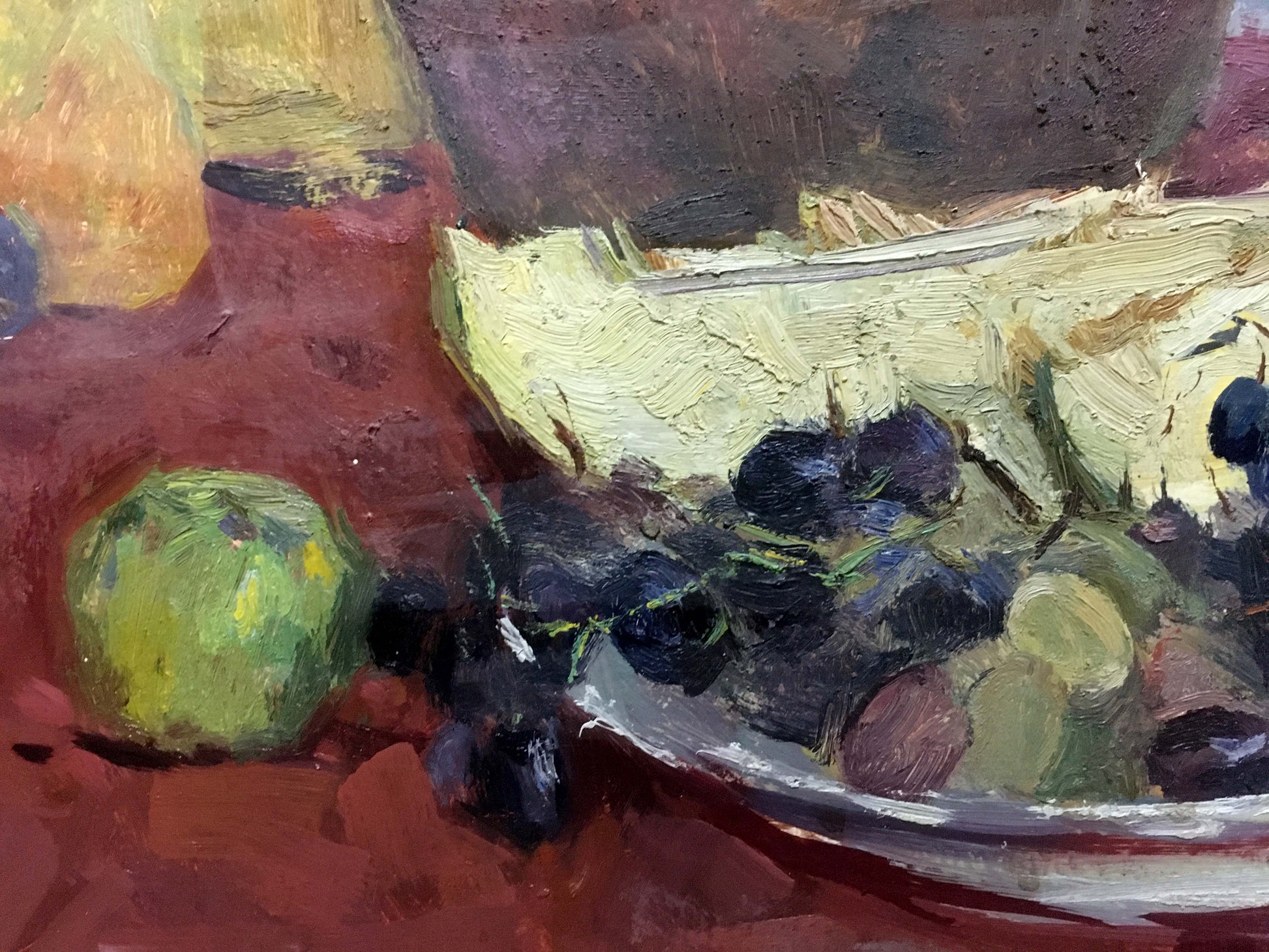 Oil painting of purple grapes in bowl by Skubko Sergey Mikhailovich
