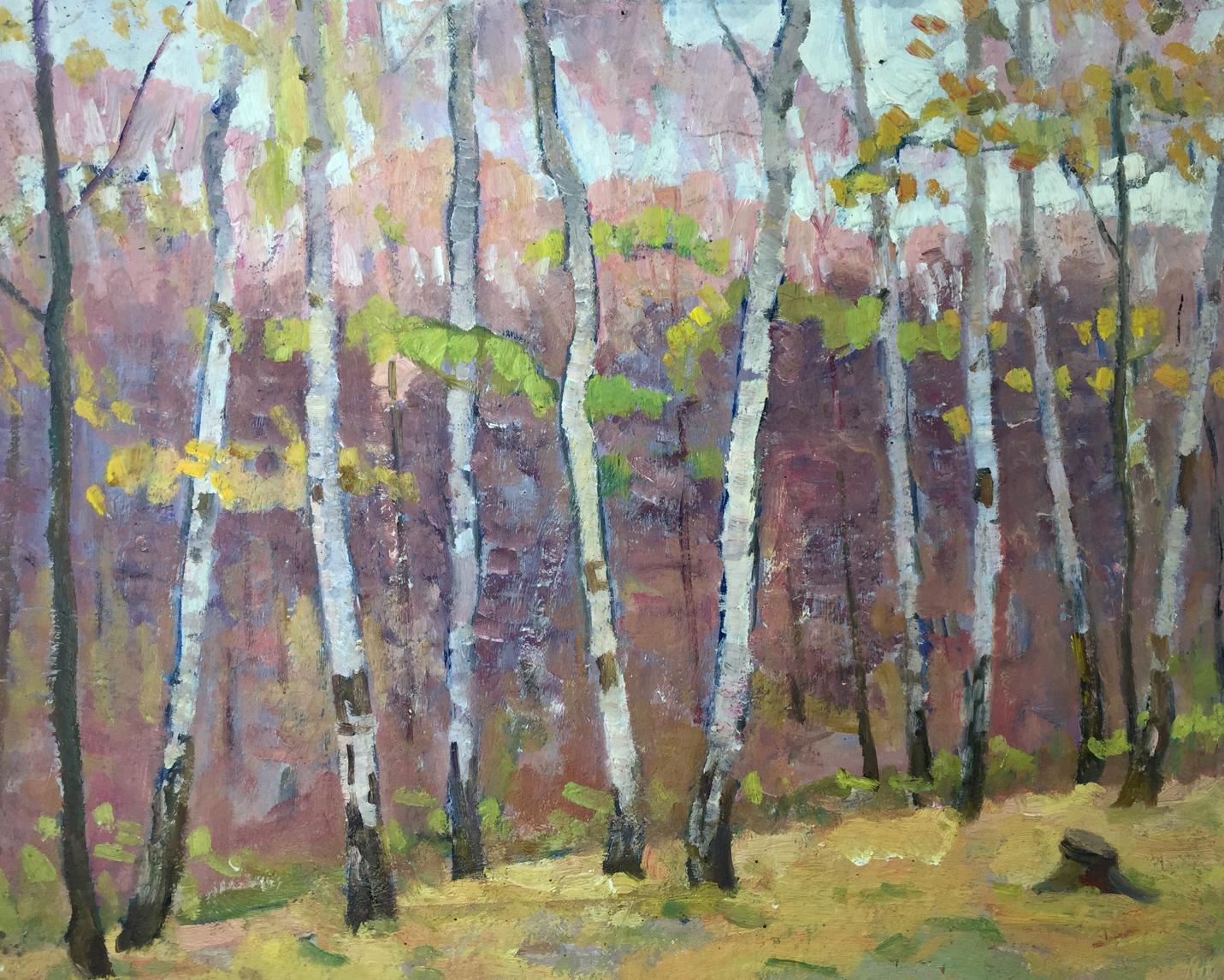 Vibrant impressionist oil painting of birch grove by Khrustalenko Nikolay Alexandrovich
