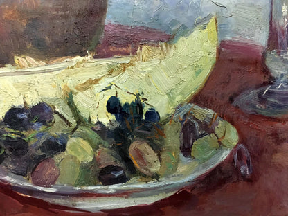 Oil painting still life by Skubko Sergey Mikhailovich: bowl of grapes, melon slice