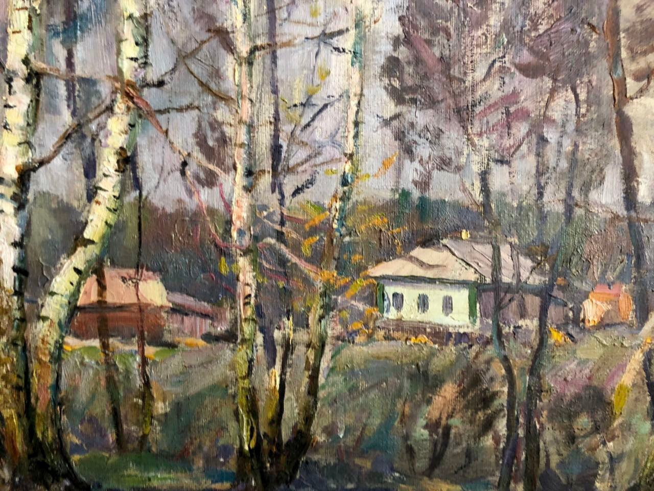 Oil painting Spring Snopok A.N. with birch trees and green house