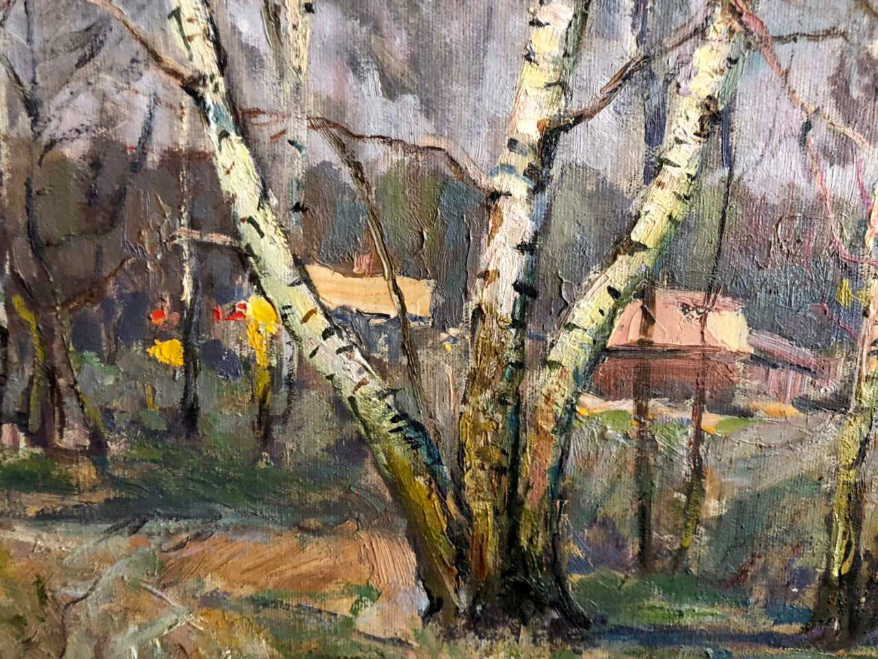 Oil painting Spring Snopok A.N. textured birch trees muted landscape