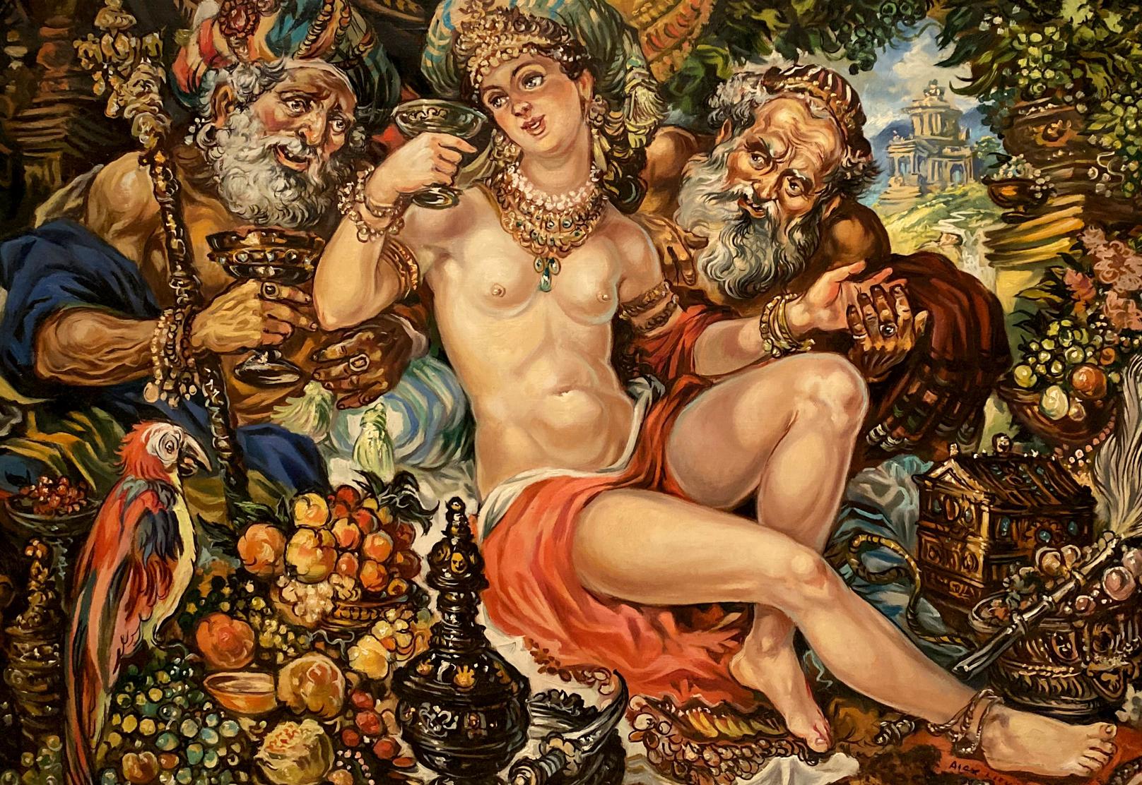 Oil painting Susanna and the Elders by Litvinov, nude figure in gold