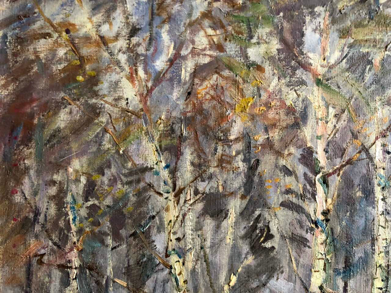 Oil painting Spring Snopok A.N. with textured earth tones and blue yellow accents