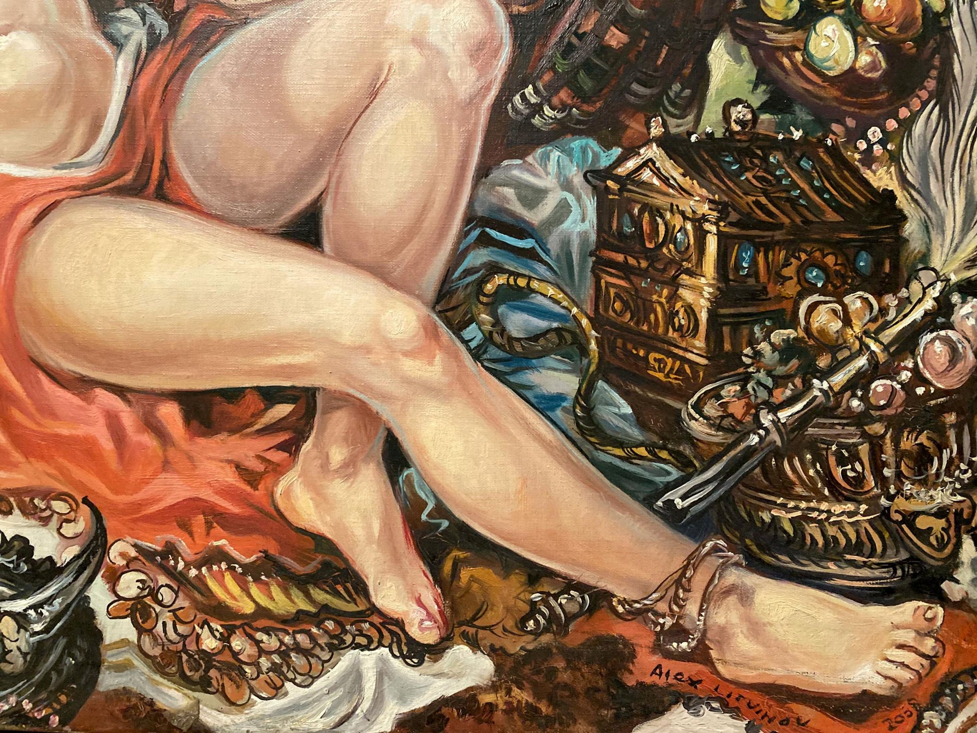 Oil painting Susanna and the Elders by Litvinov in ornate gilded chest