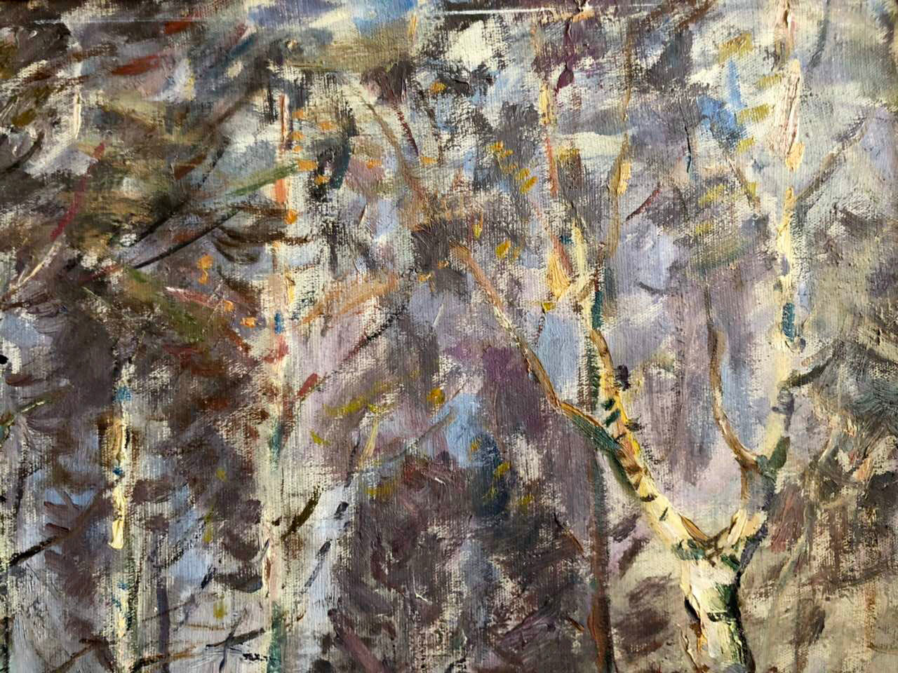Abstract oil painting Spring Snopok A.N. with textured grays, browns, yellow, blue