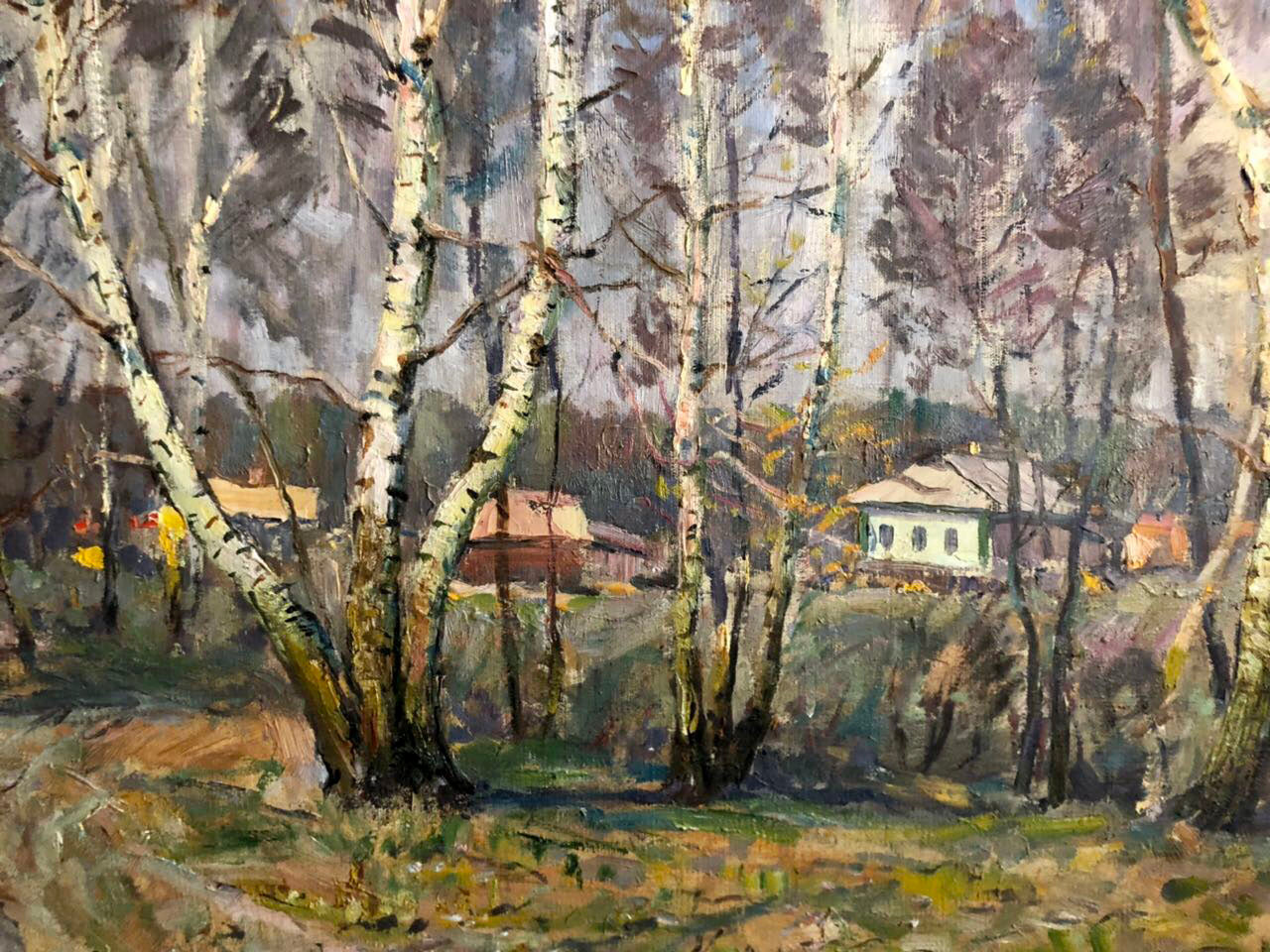 Oil painting Spring Snopok A.N. birch trees framing autumn village