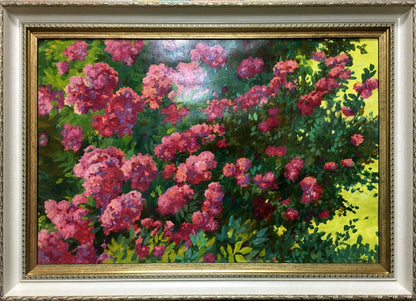 Oil painting Garden Masik Vladimir Ilyich with vibrant pink magenta blossoms