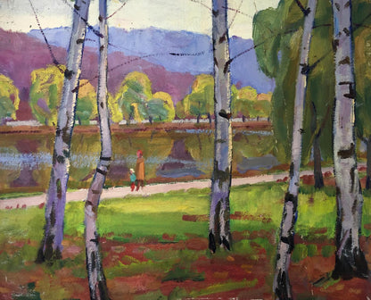 Vibrant impressionist oil painting of birch trees in park by Khrustalenko Nikolay Alexandrovich