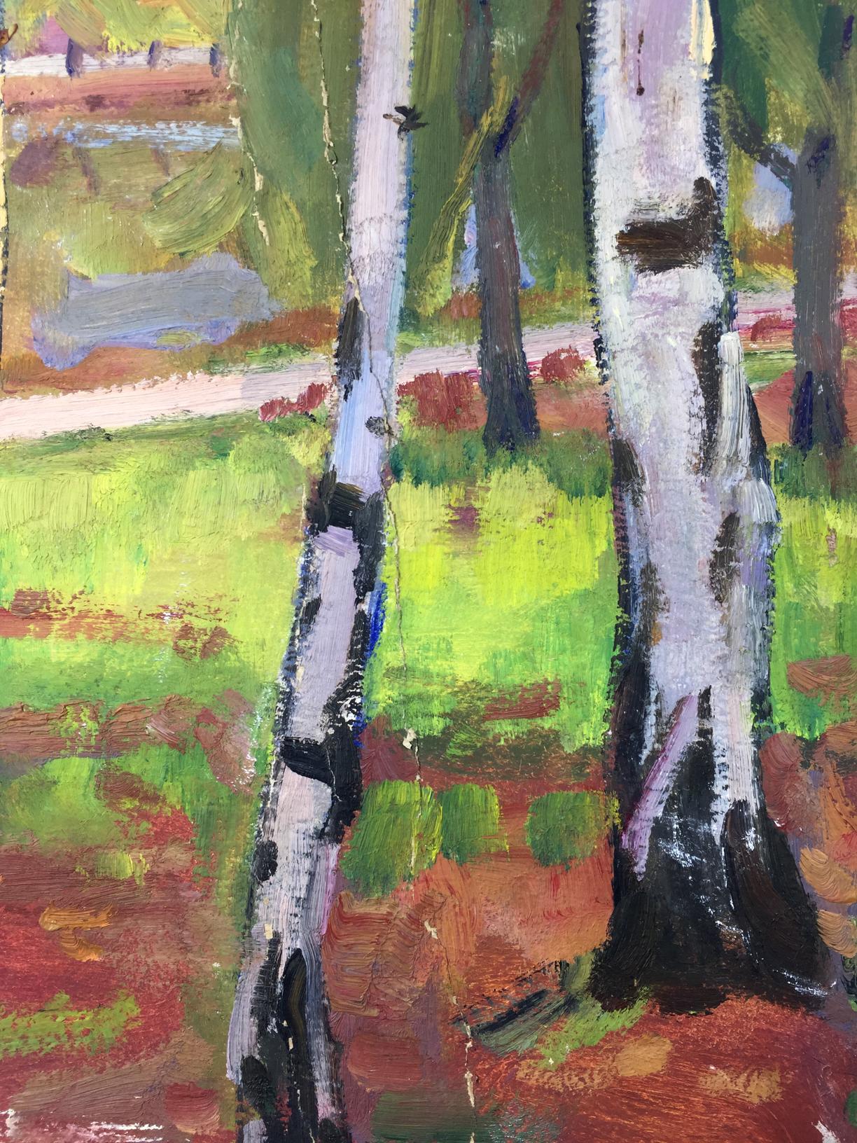 Oil painting by Khrustalenko Nikolay Alexandrovich: white birch trunks in green forest