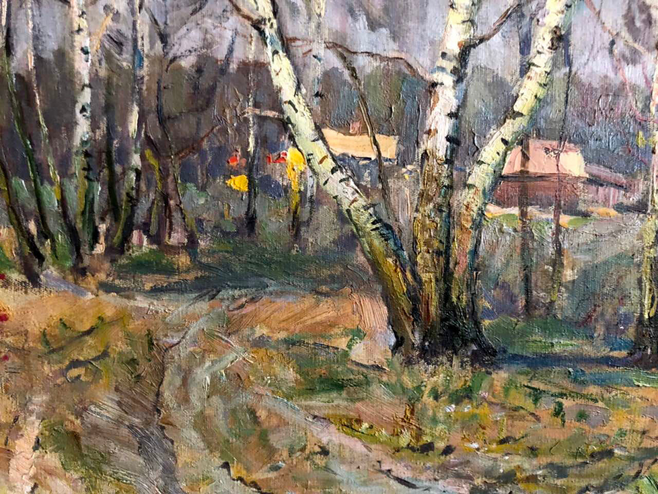 Oil painting Spring Snopok A.N. with birch trees and rustic buildings