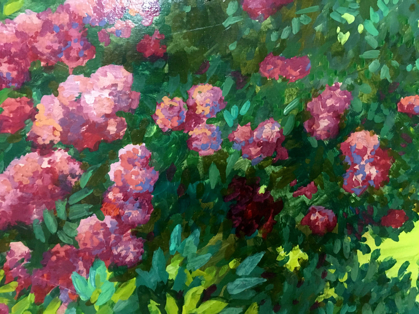 Oil painting Garden Masik Vladimir Ilyich: vibrant pink red flowers lush green foliage
