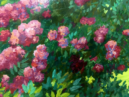 Oil painting Garden Masik Vladimir Ilyich: vibrant pink red flowers lush green foliage