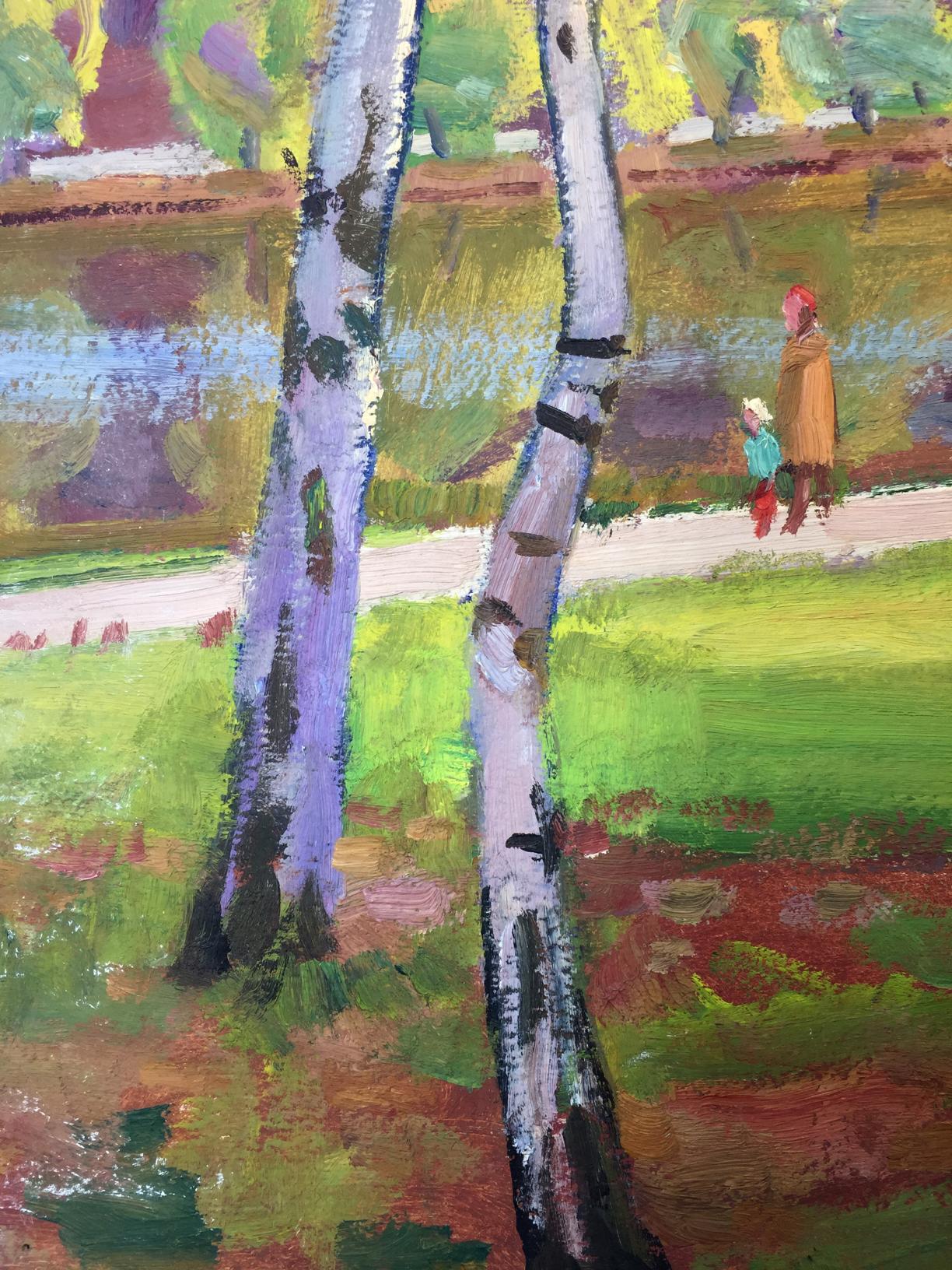 Vibrant impressionist oil painting of birch trees in park by Khrustalenko Nikolay Alexandrovich
