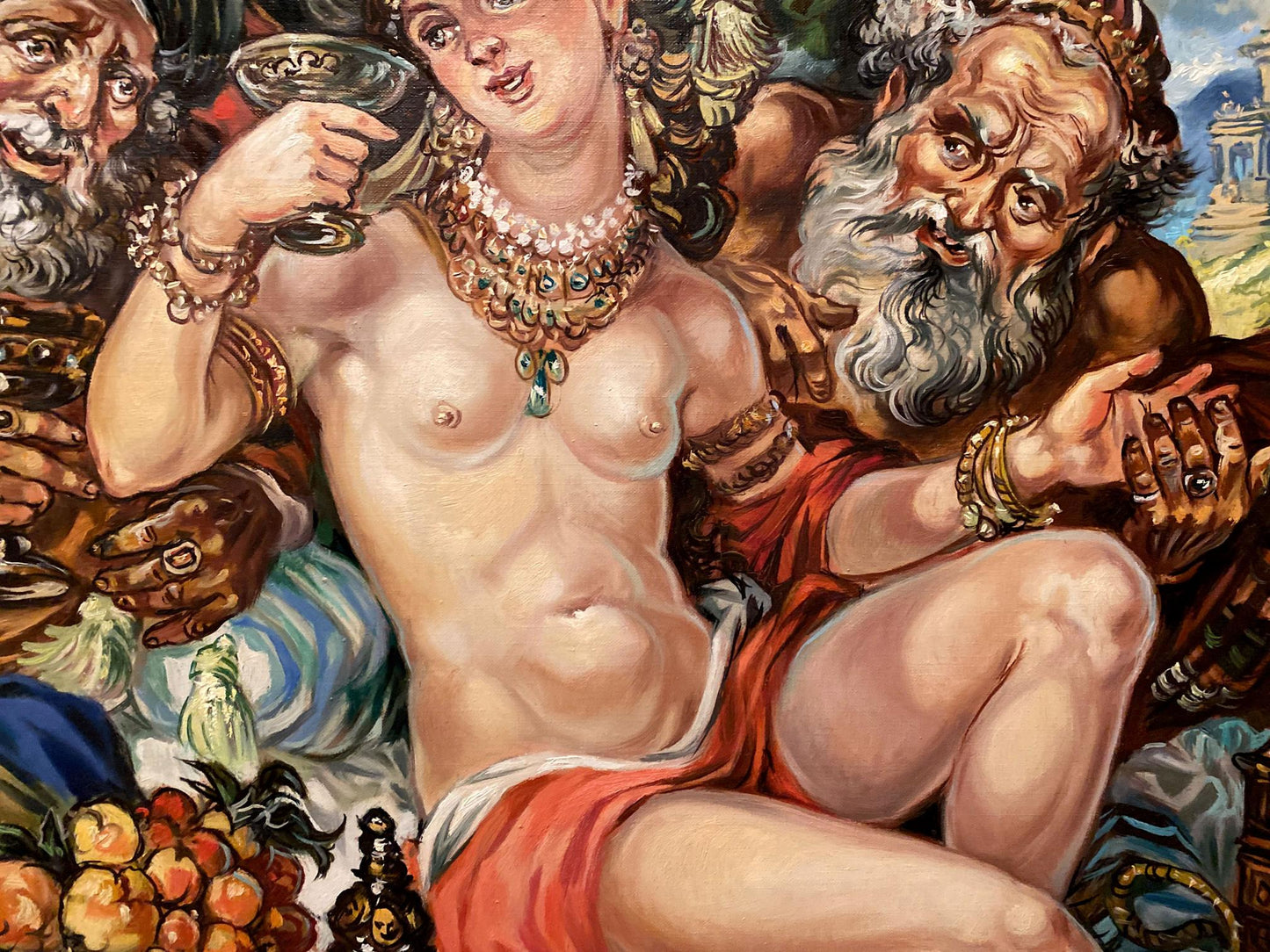 Oil painting of Susanna and the Elders by Litvinov, nude woman in jewelry