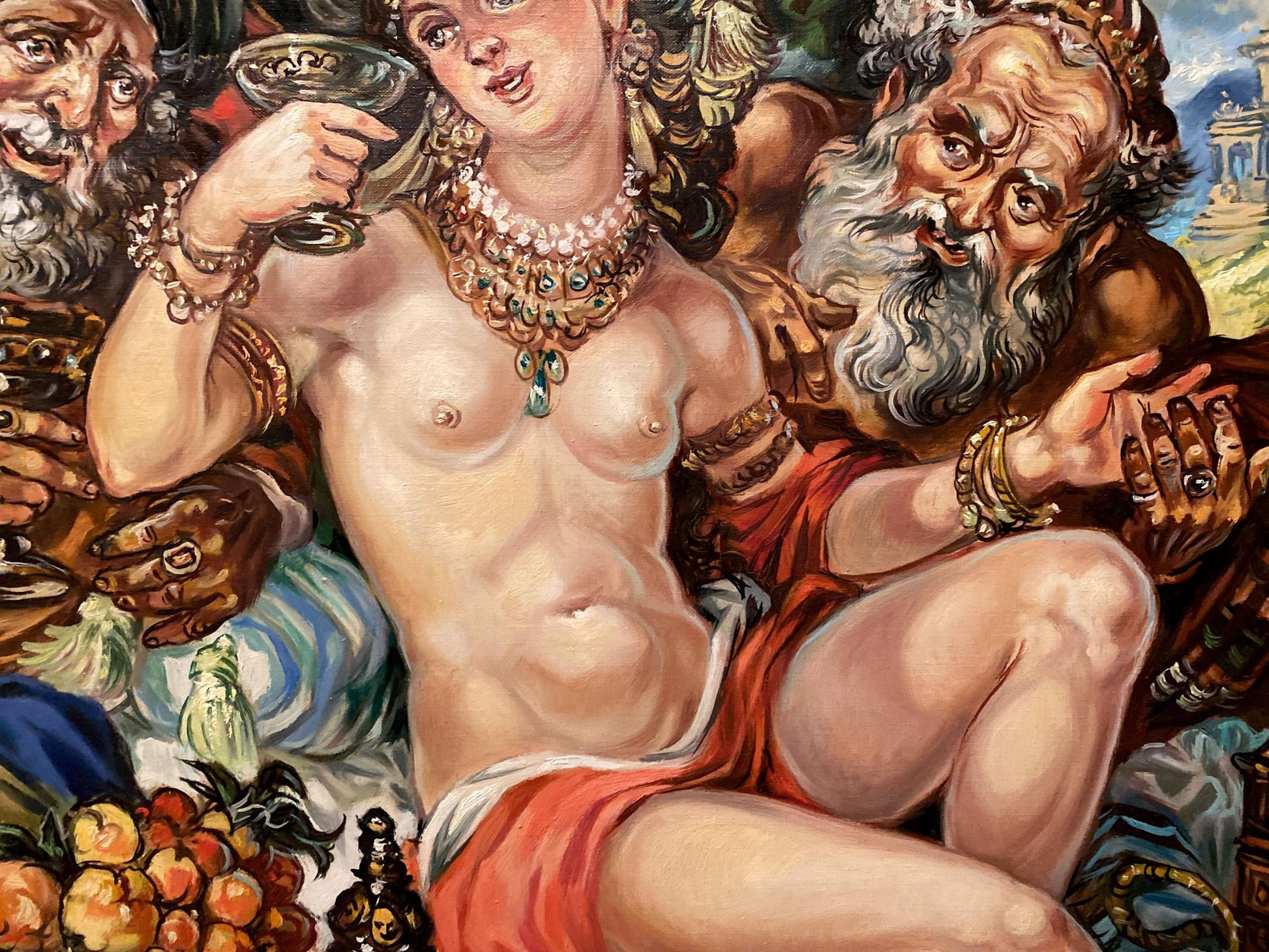 Oil painting of Susanna and the Elders by Litvinov, nude woman in jewelry