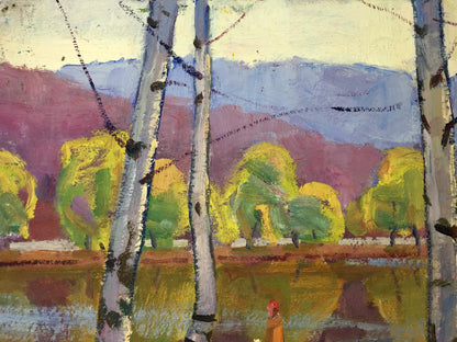 Vibrant impressionist oil painting of birch trees by Khrustalenko Nikolay Alexandrovich