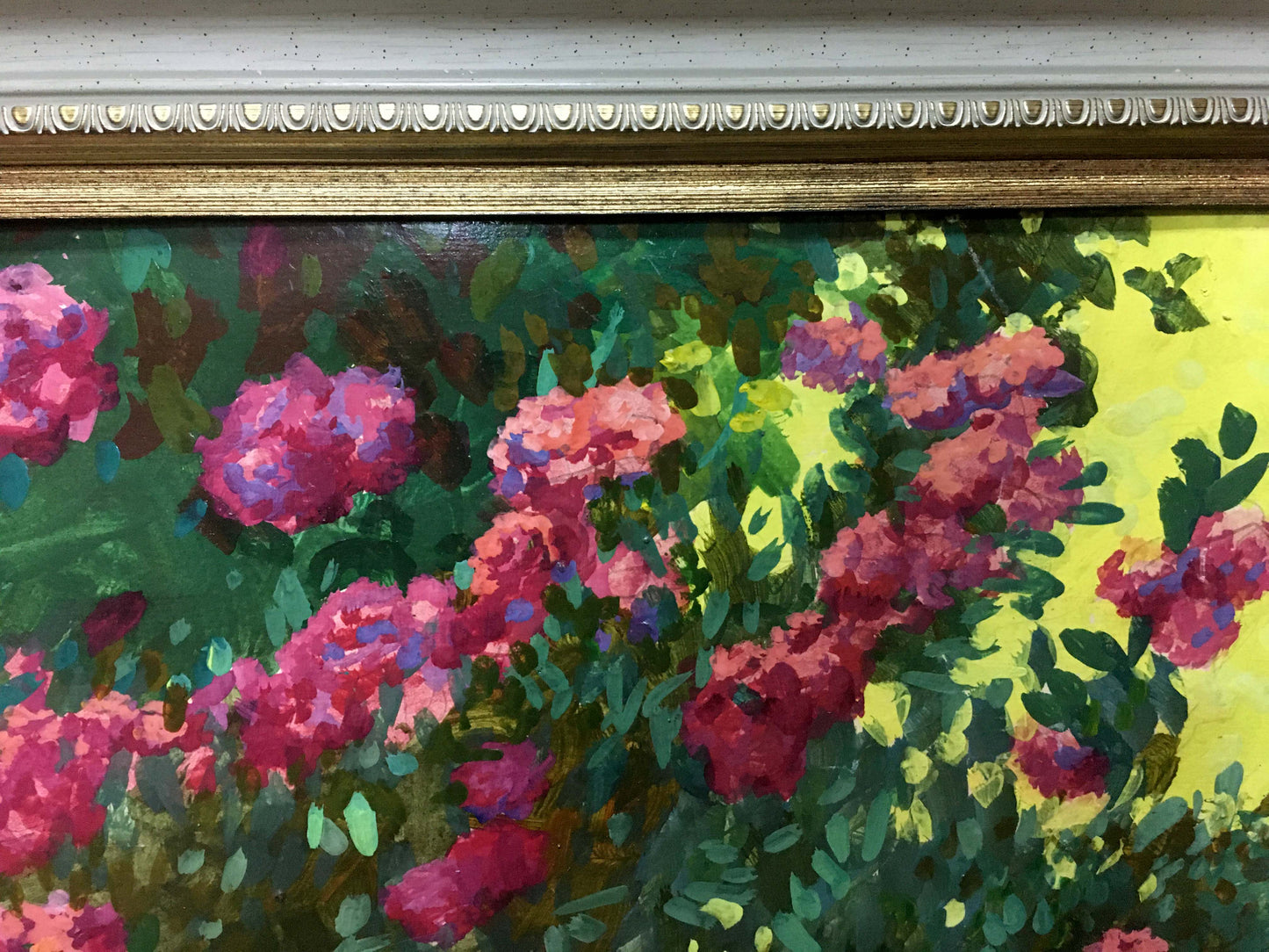 Oil painting Garden Masik Vladimir Ilyich with pink purple flowers on yellow background
