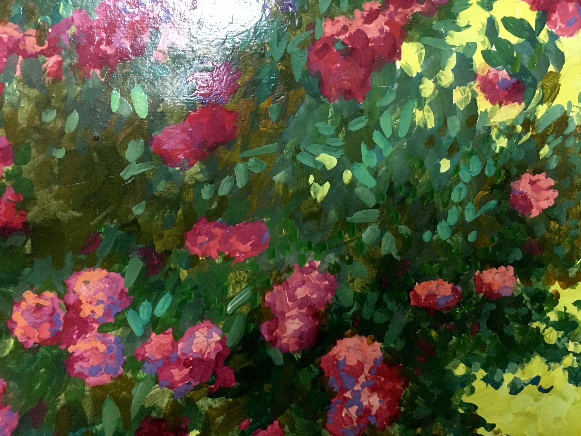 Vibrant pink red roses with green leaves in impressionistic oil painting Garden Masik Vladimir Ilyich