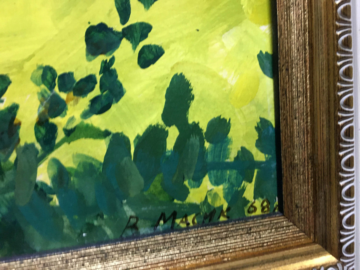 Framed oil painting Garden Masik Vladimir Ilyich with bold green brushstrokes on yellow background signed by R
