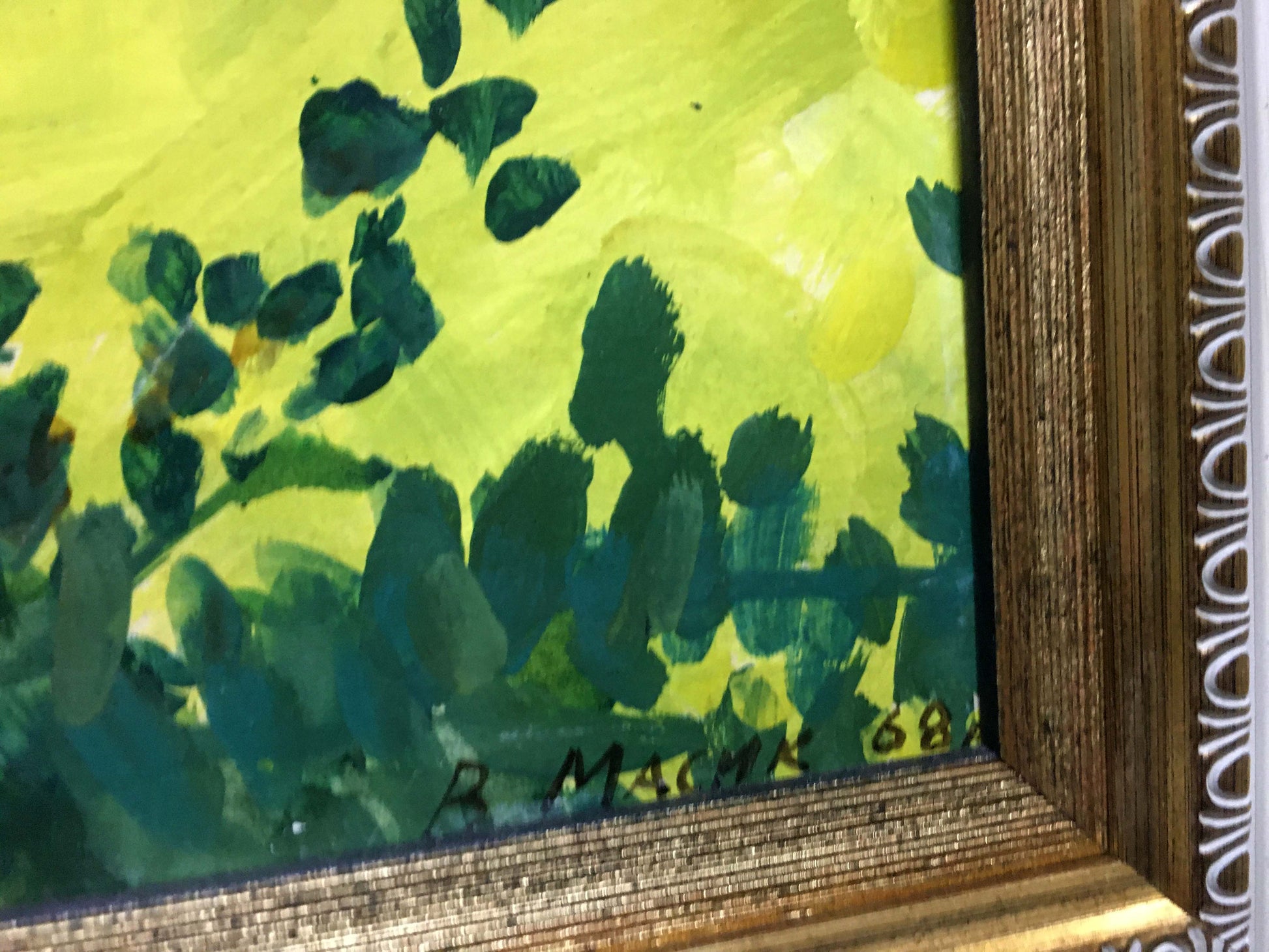 Framed oil painting Garden Masik Vladimir Ilyich with bold green brushstrokes on yellow background signed by R