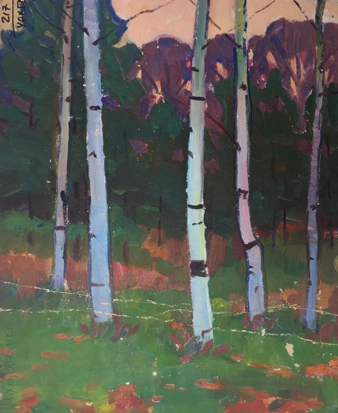 Vibrant impressionist oil painting of birch trees by Khrustalenko Nikolay Alexandrovich