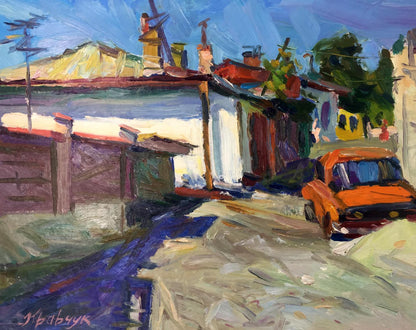 Vibrant orange vintage car on sunlit cobblestone street oil painting by Kravchuk Roman Stepanovich