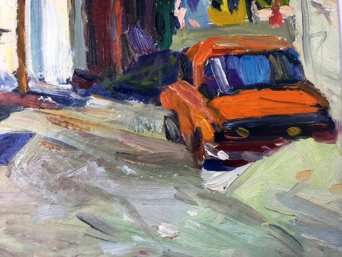 Oil painting of deserted street by Kravchuk Roman Stepanovich, vibrant orange car