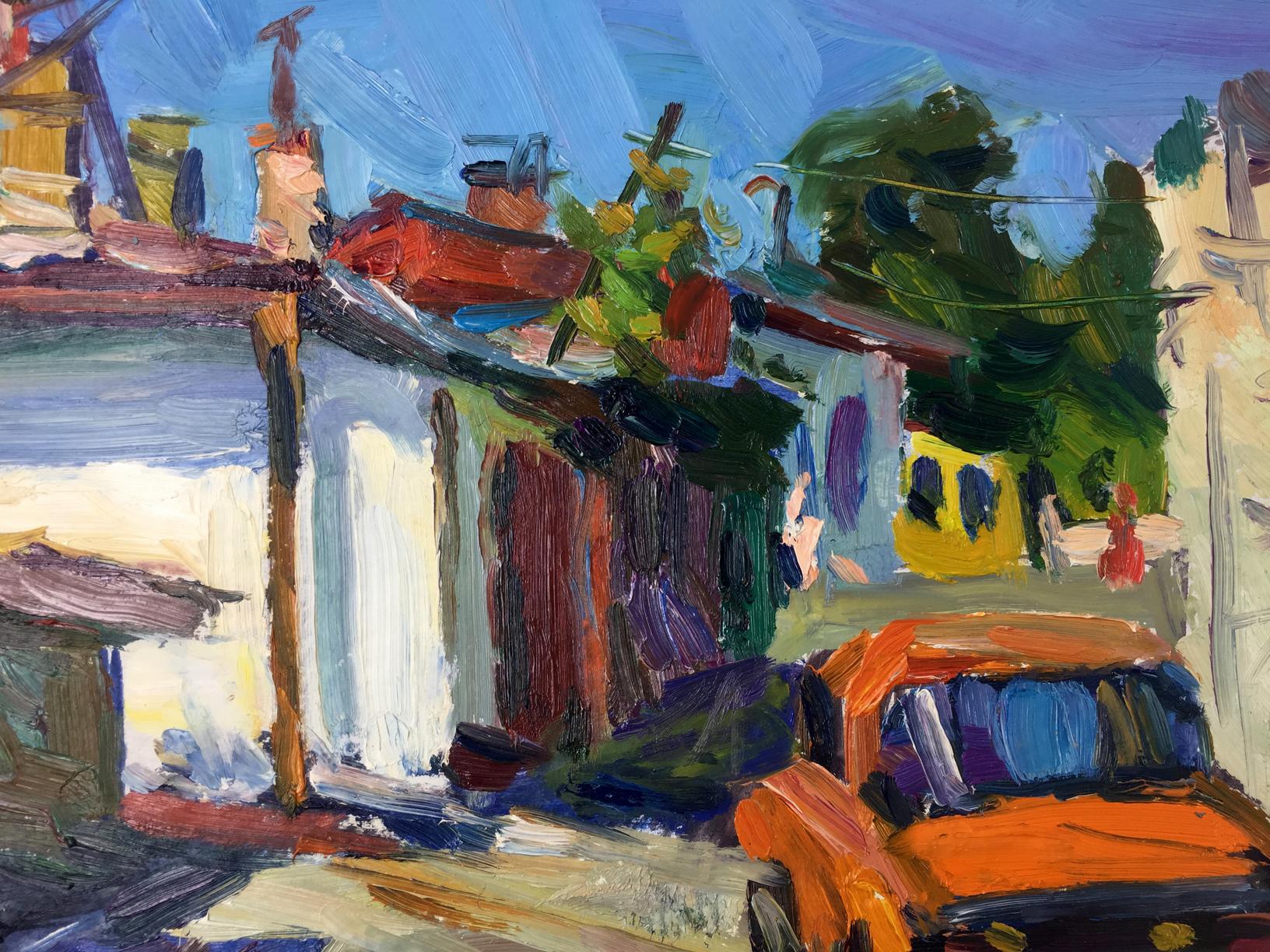 Vibrant orange car in Kravchuk Roman Stepanovich deserted street oil painting