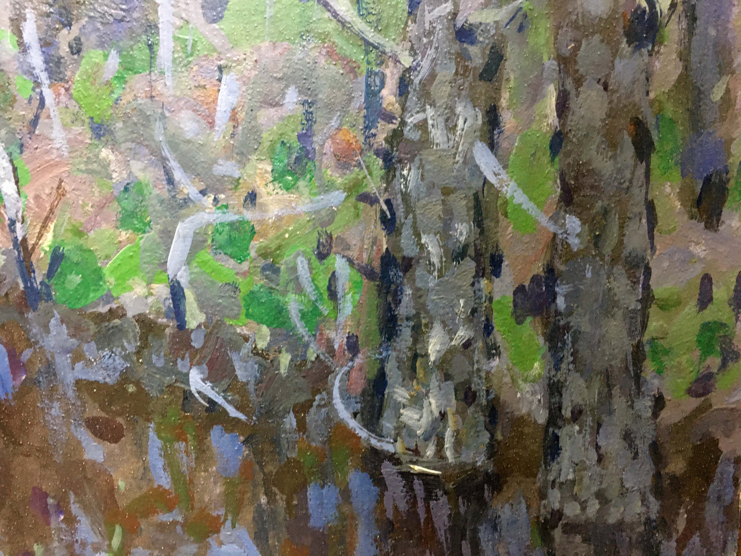 Oil painting In the Woods by Kolomoitsev Petr Mikhailovich, textured tree trunk