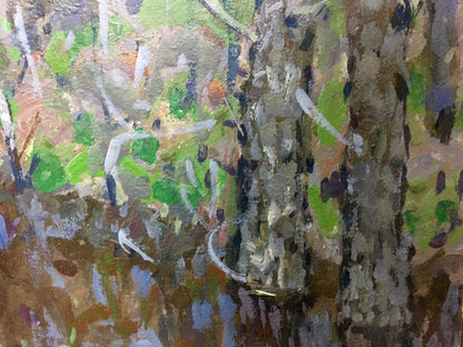 Oil painting In the Woods by Kolomoitsev Petr Mikhailovich, textured tree trunk