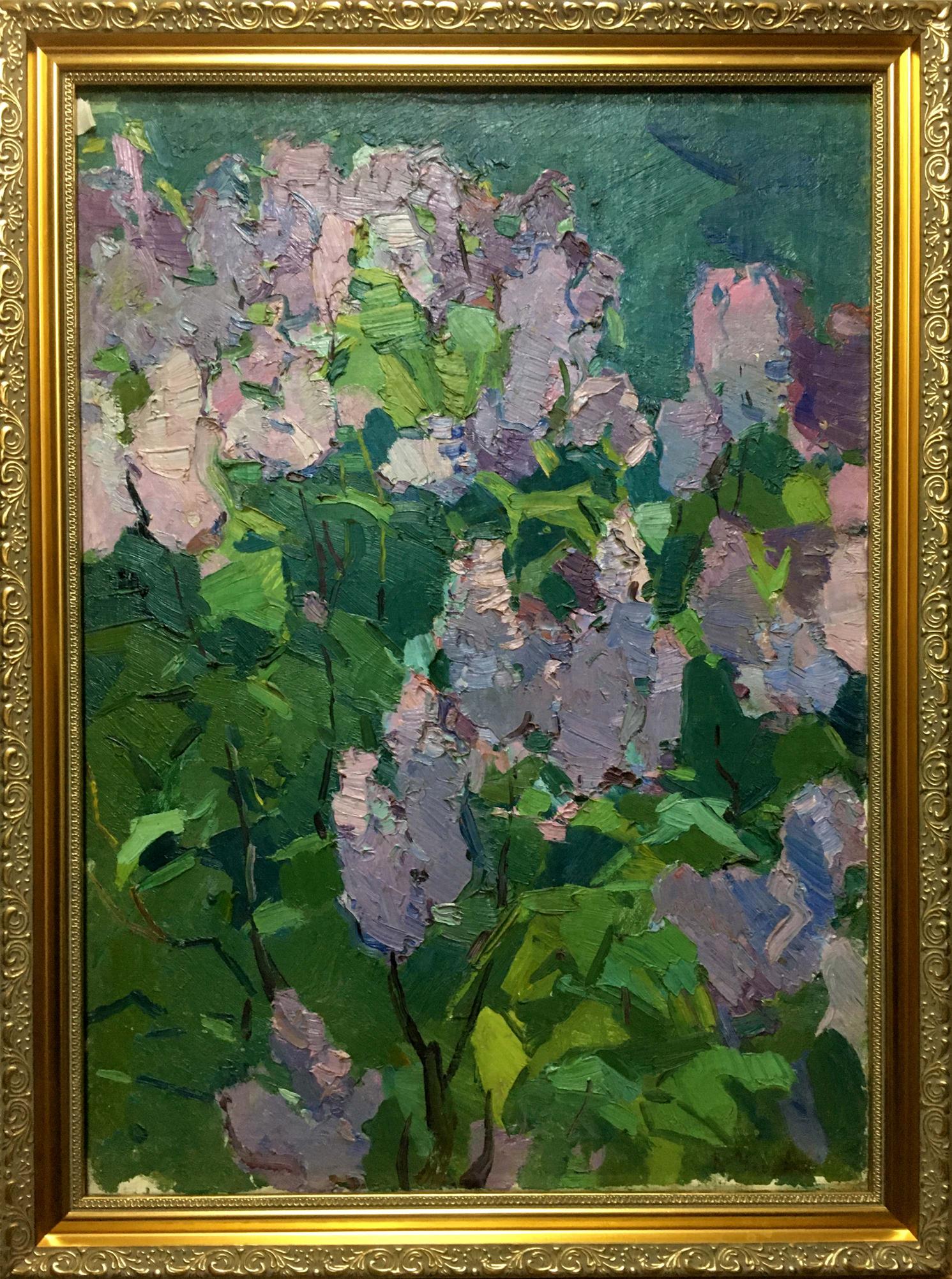 Oil painting Lilac in the garden by Vasily Chegodar in gold frame