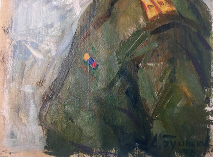 Oil painting portrait of officer Vladimir Budnikov in green jacket with insignia