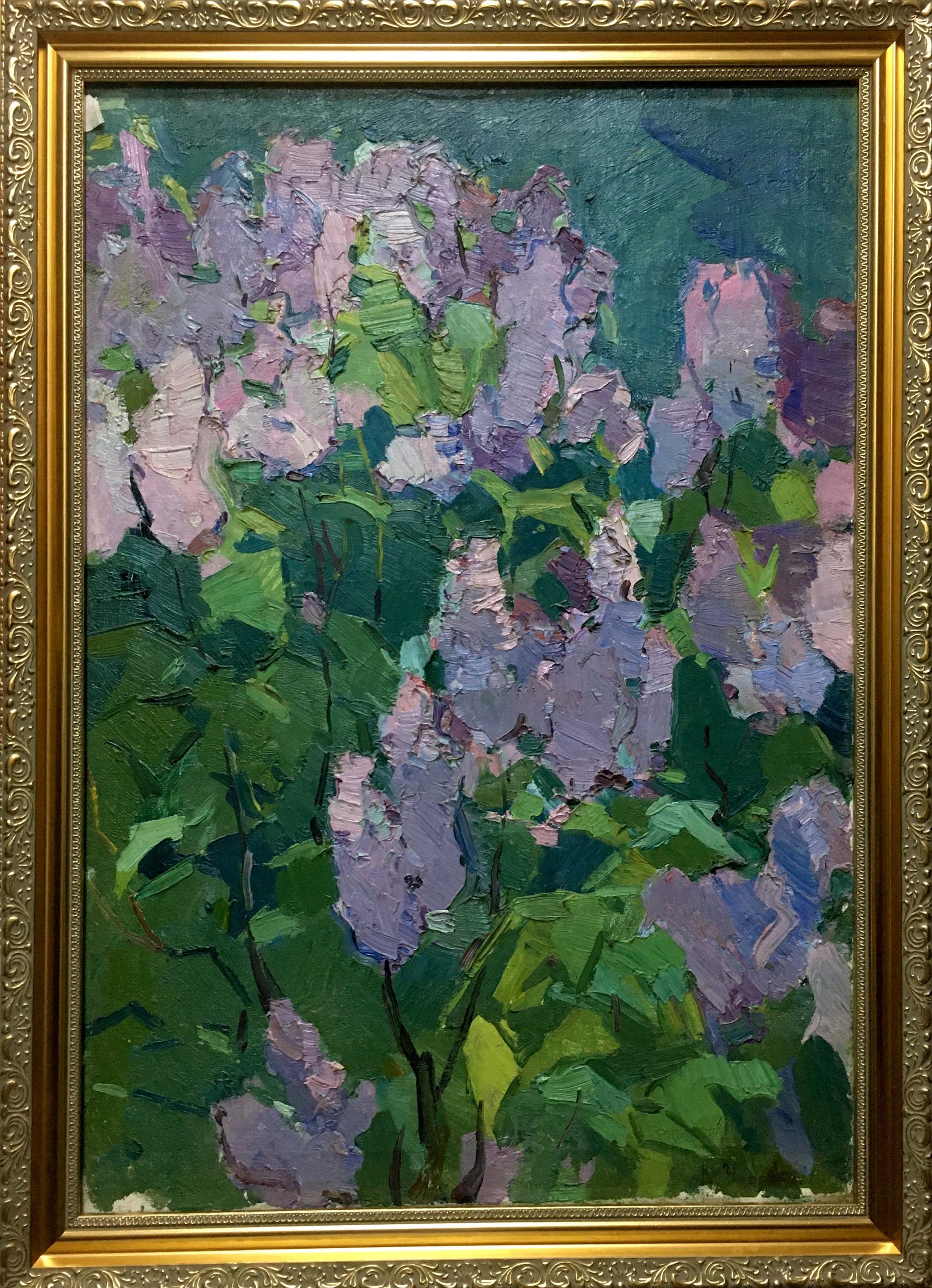 Oil painting Lilac in the garden by Vasily Chegodar in gold frame