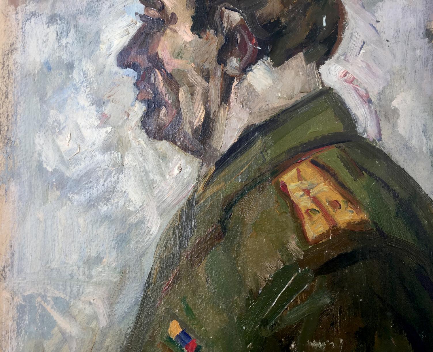 Oil painting portrait of officer Vladimir Budnikov in olive green jacket