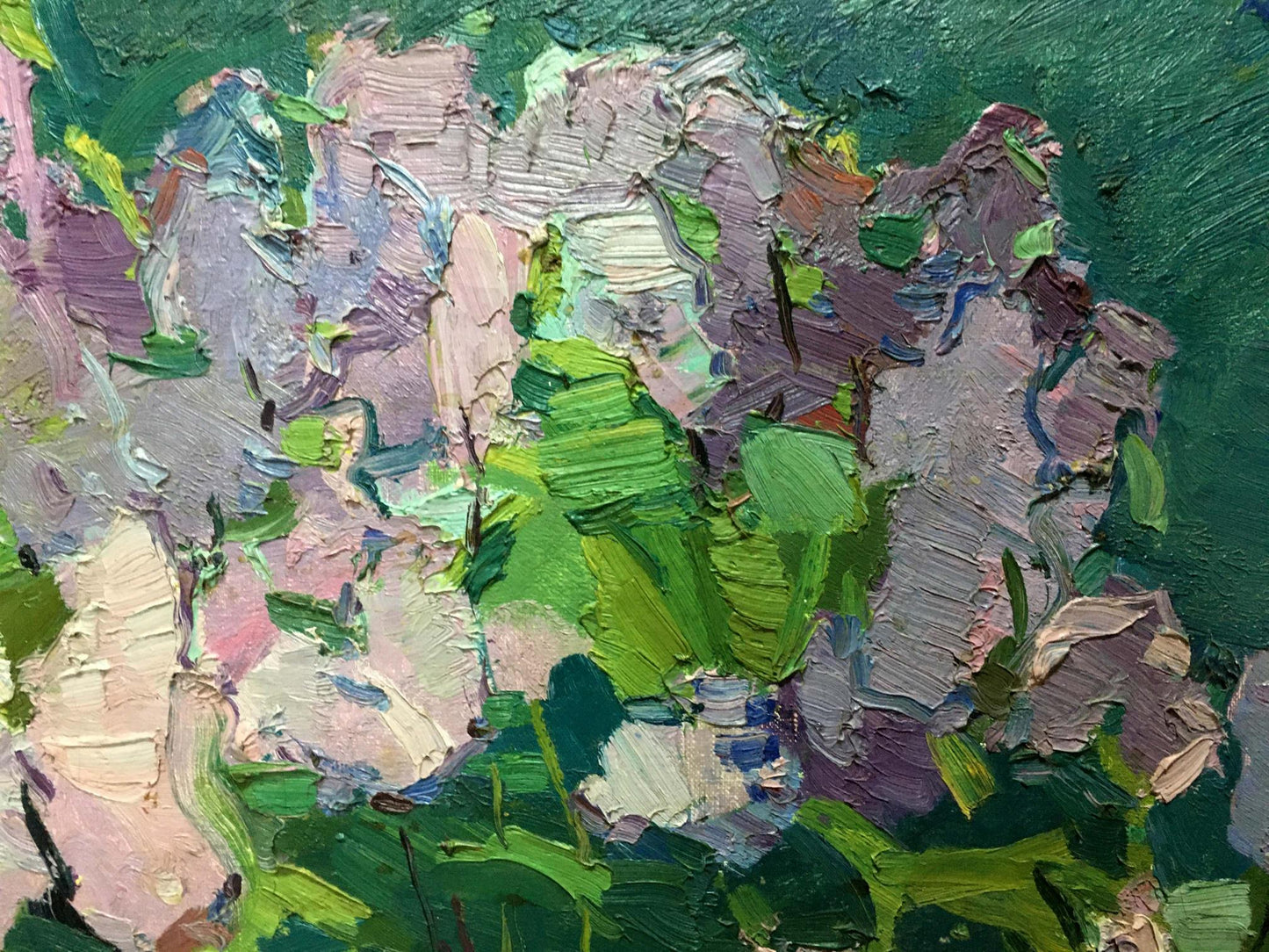 Oil painting Lilac in the Garden by Vasily Chegodar, impressionist green pink purple strokes
