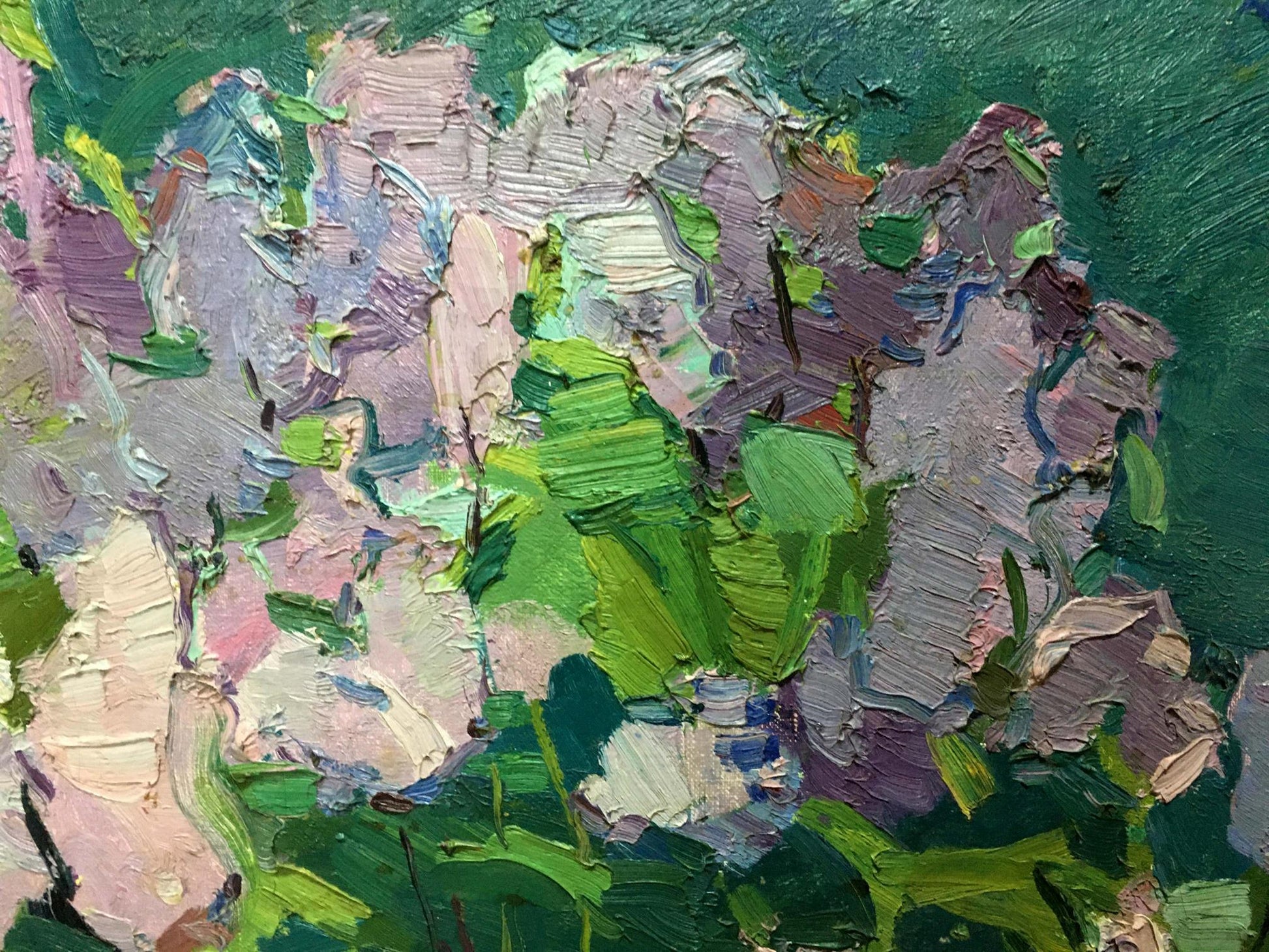 Oil painting Lilac in the Garden by Vasily Chegodar, impressionist green pink purple strokes