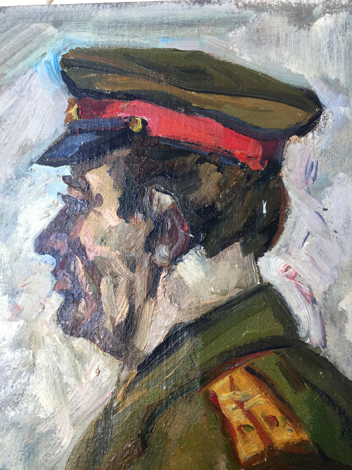 Oil painting portrait of officer Vladimir Budnikov in green uniform
