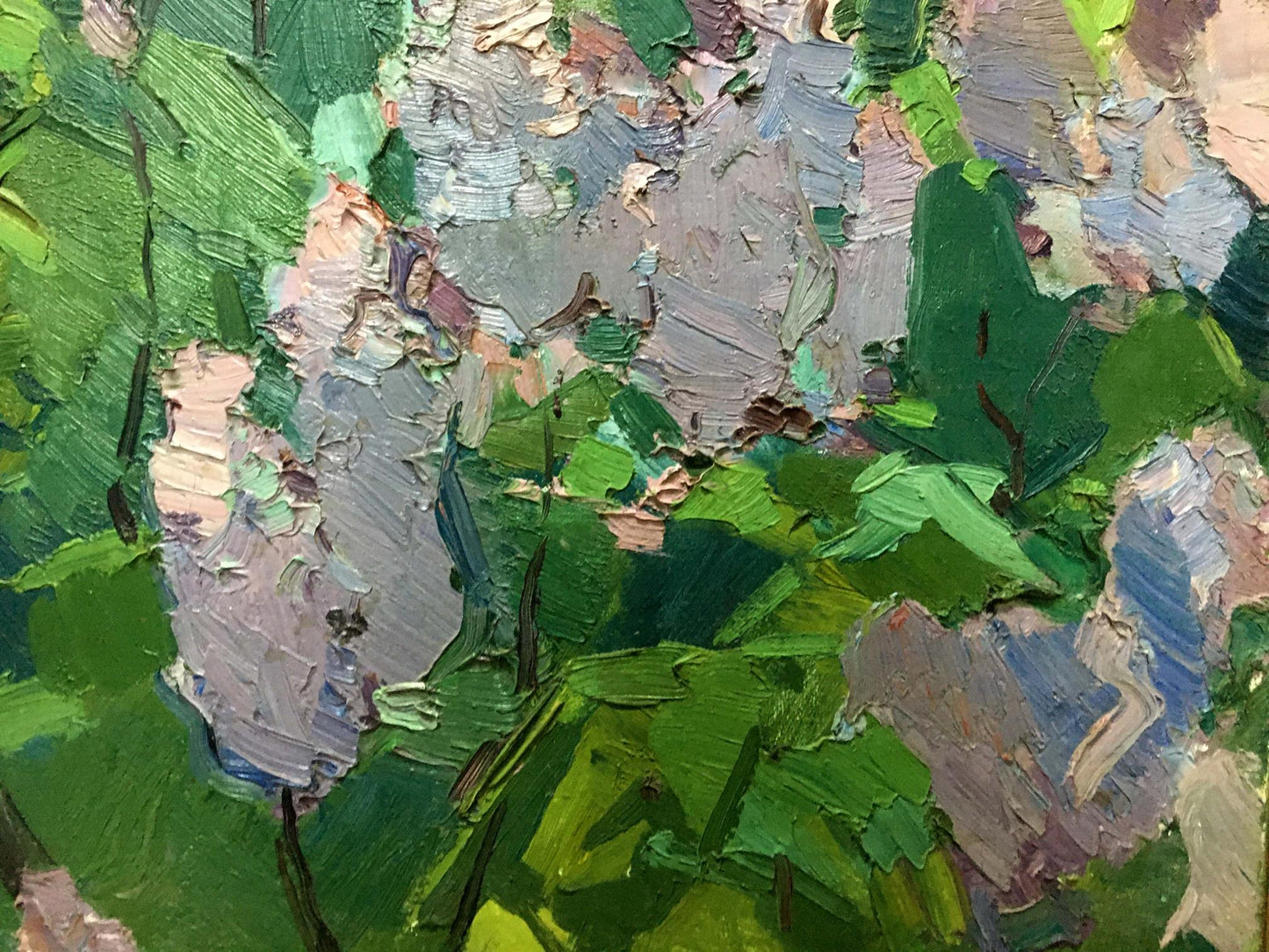 Oil painting Lilac in the Garden by Vasily Chegodar with lush green foliage