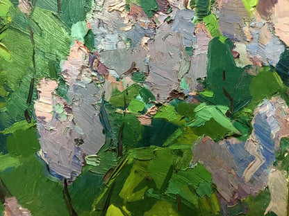 Oil painting Lilac in the Garden by Vasily Chegodar with lush green foliage