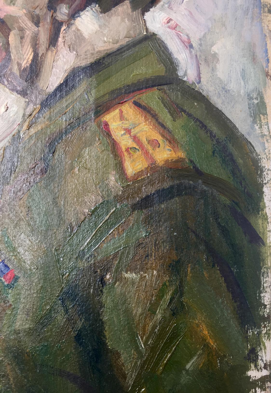 Oil painting portrait of Vladimir Budnikov in olive-green military jacket with insignia