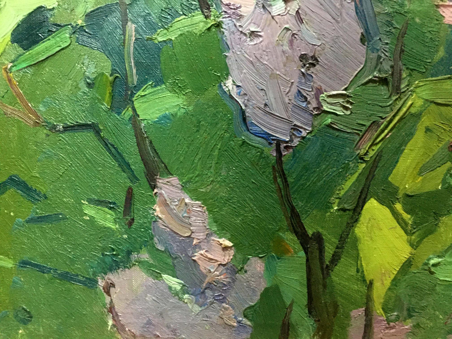 Oil painting Lilac in the Garden by Vasily Chegodar with green brushstrokes
