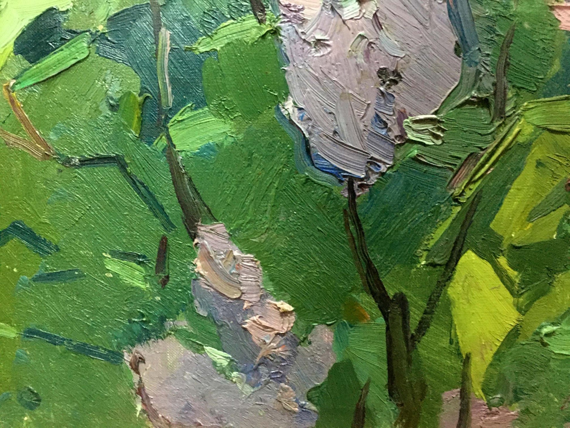 Oil painting Lilac in the Garden by Vasily Chegodar with green brushstrokes
