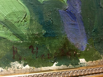 Oil painting Lilac in the Garden by Vasily Chegodar, textured green blue brushstrokes